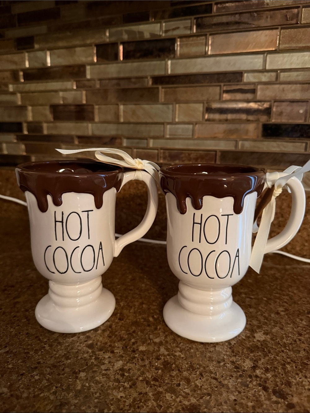 Rae Dunn Hot Cocoa Ceramic Mug with Drip Rim - White and Brown
